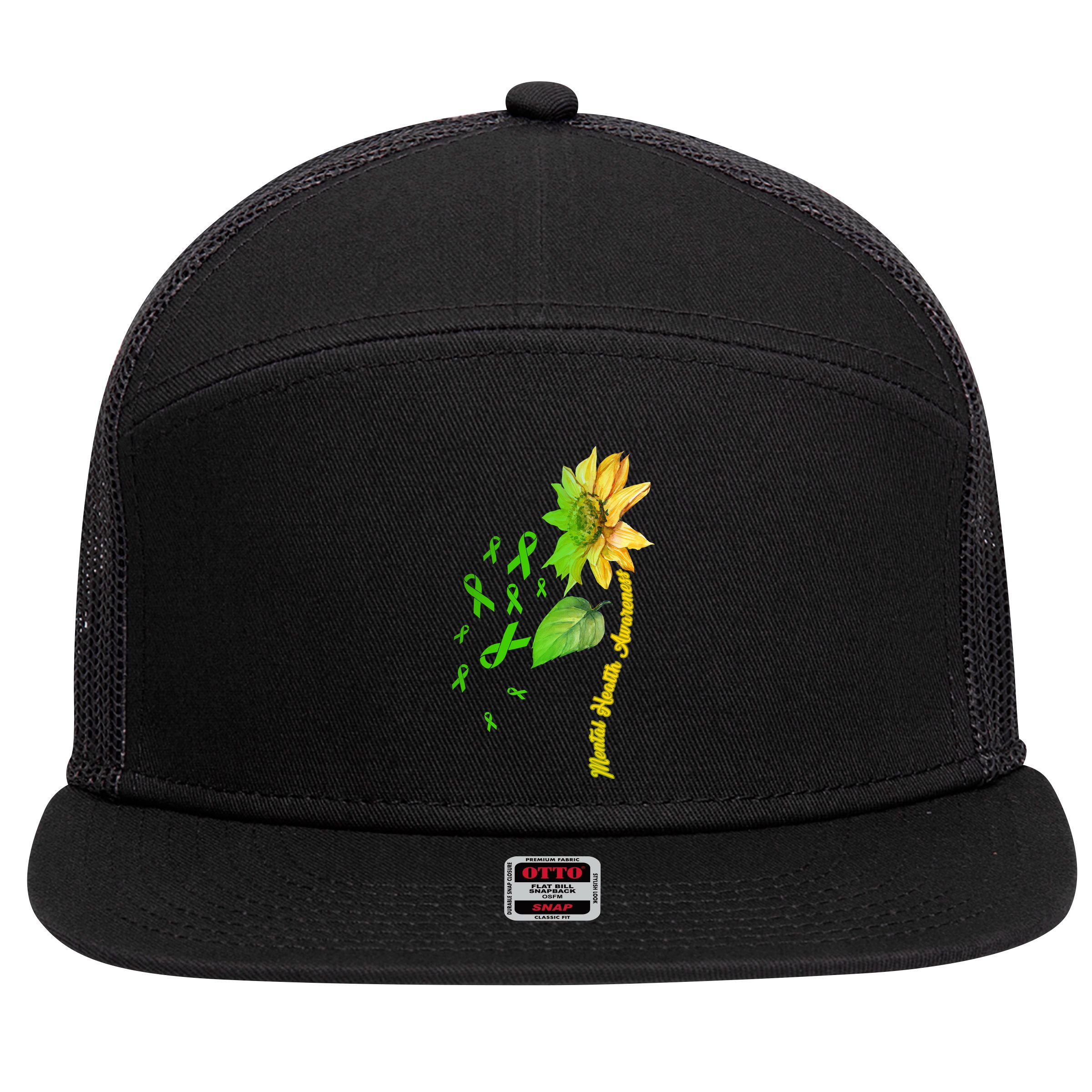 Mental Health Awareness Sunflower Ribbon 7 Panel Mesh Trucker Snapback Hat