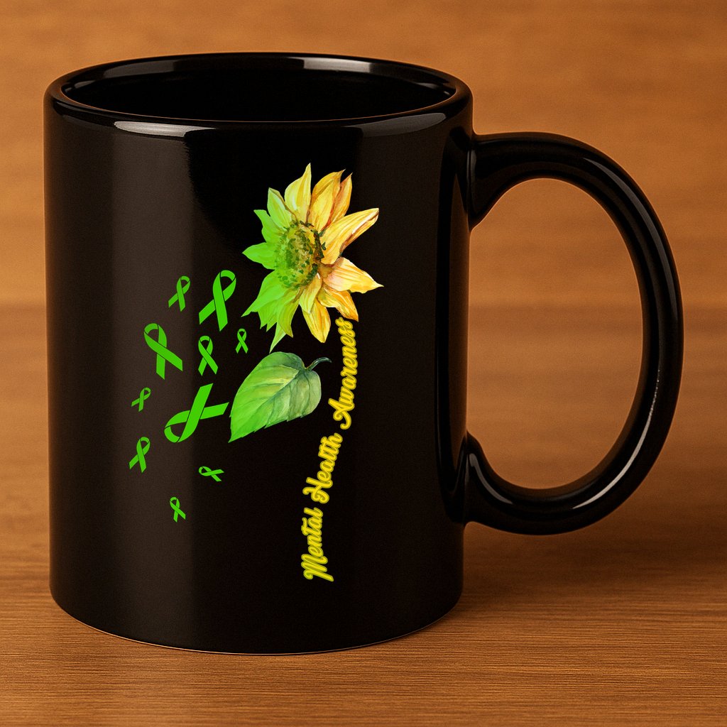 Mental Health Awareness Sunflower Ribbon 11oz C Handle Ceramic Mug