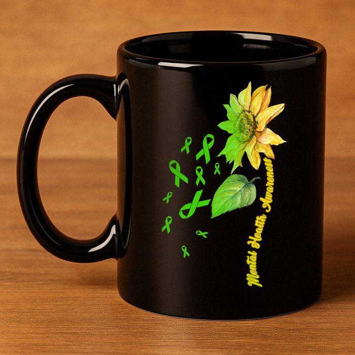Mental Health Awareness Sunflower Ribbon 11oz C Handle Ceramic Mug