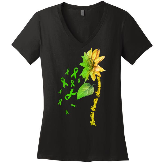 Mental Health Awareness Sunflower Ribbon Women's V-Neck T-Shirt