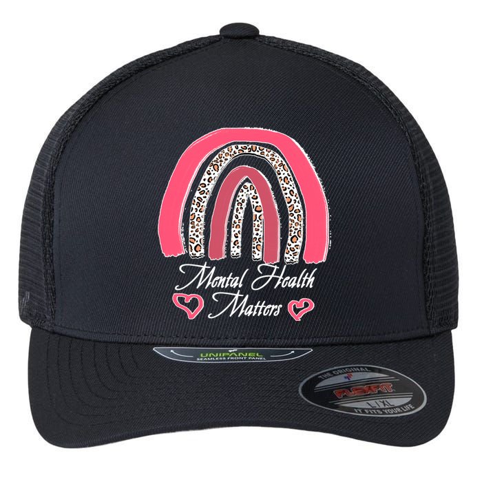 Mental Health Matters Leopard Print Rainbow Flexfit Unipanel Trucker Cap