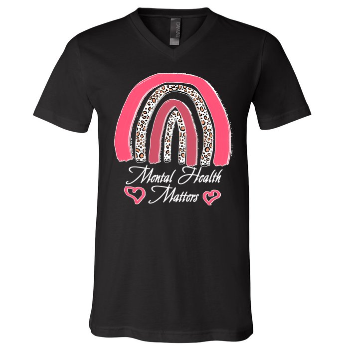 Mental Health Matters Leopard Print Rainbow V-Neck T-Shirt