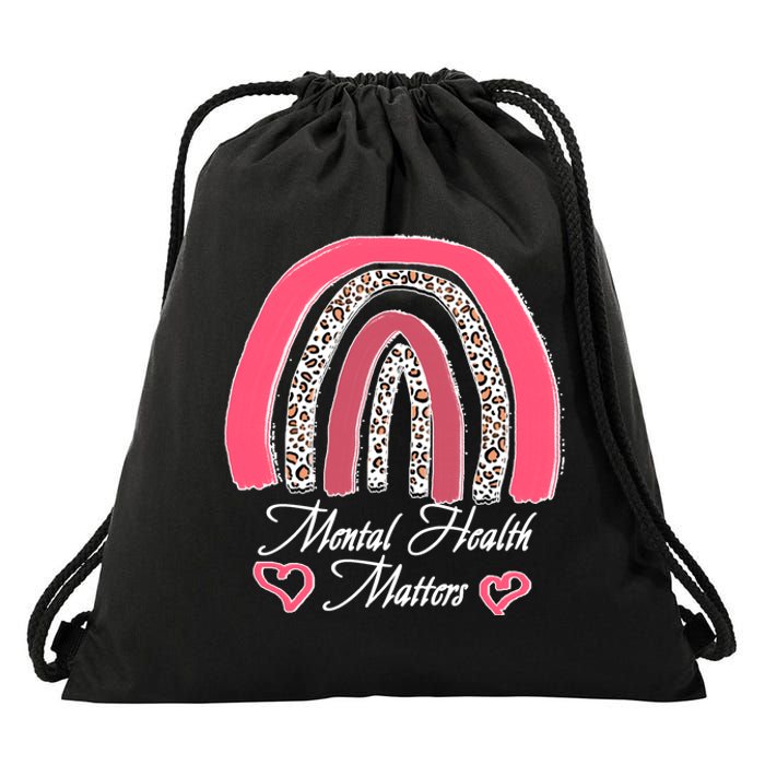 Mental Health Matters Leopard Print Rainbow Drawstring Bag