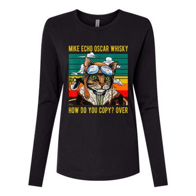 Mike Echo Oscar Whisky Cat Funny CatS Pun Pilot Vintage Womens Cotton Relaxed Long Sleeve T-Shirt