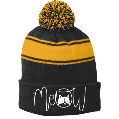 Meow Cat Calligraphy Stripe Pom Pom Beanie