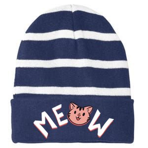 Meow Kitten Face Striped Beanie with Solid Band