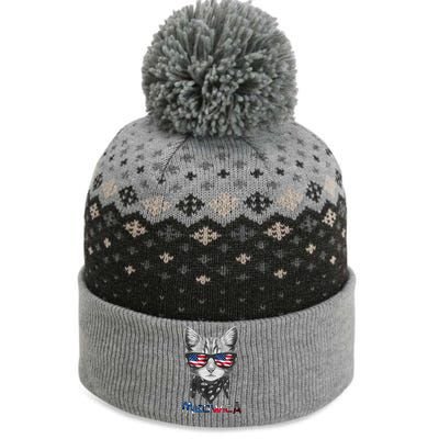 Meowica Rock Cat Funny 4th of July USA Freedom The Baniff Cuffed Pom Beanie