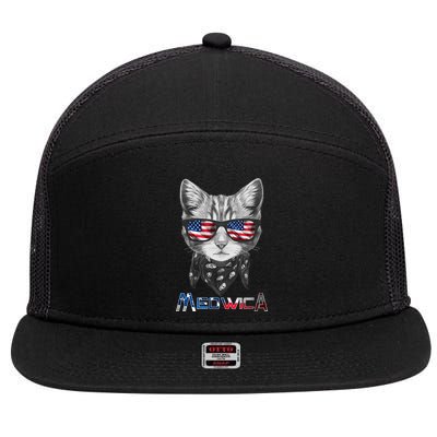 Meowica Rock Cat Funny 4th of July USA Freedom 7 Panel Mesh Trucker Snapback Hat