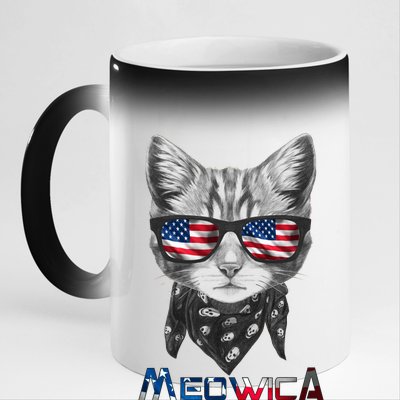 Meowica Rock Cat Funny 4th of July USA Freedom 11oz Black Color Changing Mug