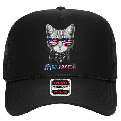 Meowica Rock Cat Funny 4th of July USA Freedom High Crown Mesh Back Trucker Hat