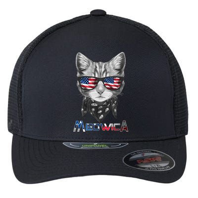 Meowica Rock Cat Funny 4th of July USA Freedom Flexfit Unipanel Trucker Cap