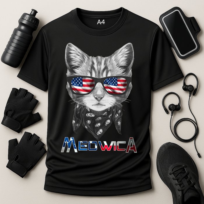 Meowica Rock Cat Funny 4th of July USA Freedom Cooling Performance Crew T-Shirt