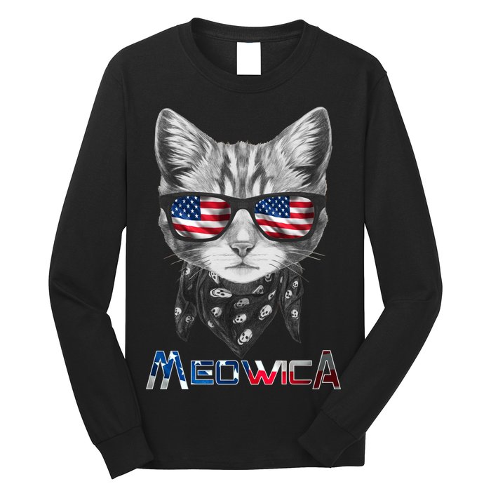 Meowica Rock Cat Funny 4th of July USA Freedom Long Sleeve Shirt