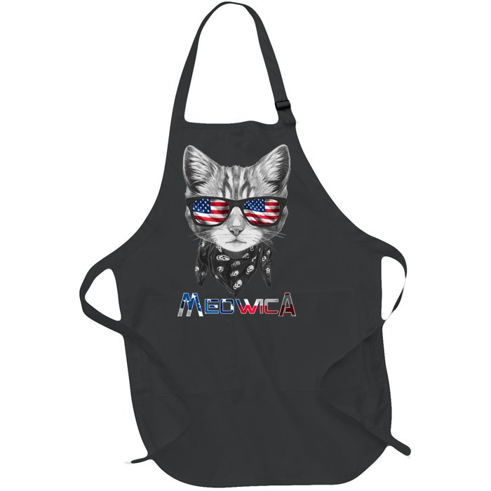 Meowica Rock Cat Funny 4th of July USA Freedom Full-Length Apron With Pockets