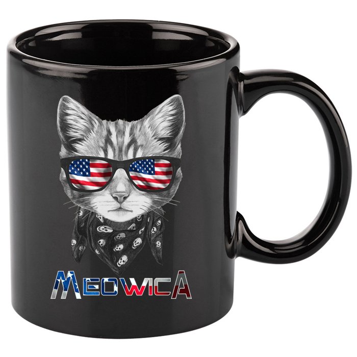 Meowica Rock Cat Funny 4th of July USA Freedom 11oz C Handle Ceramic Mug