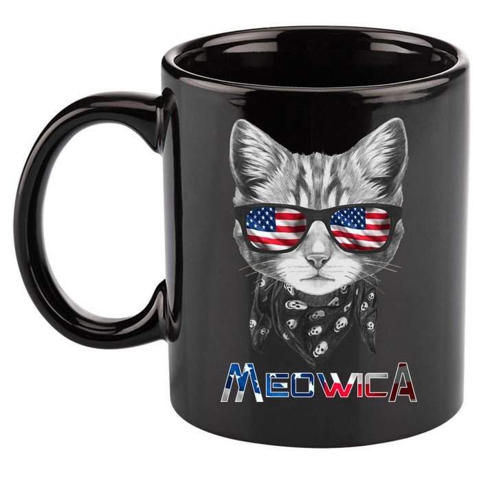 Meowica Rock Cat Funny 4th of July USA Freedom 11oz C Handle Ceramic Mug