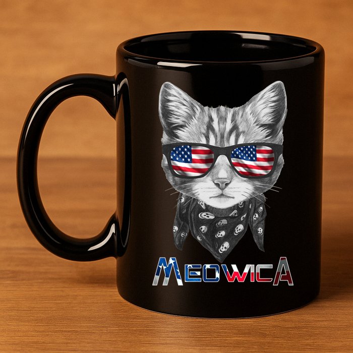 Meowica Rock Cat Funny 4th of July USA Freedom 11oz C Handle Ceramic Mug