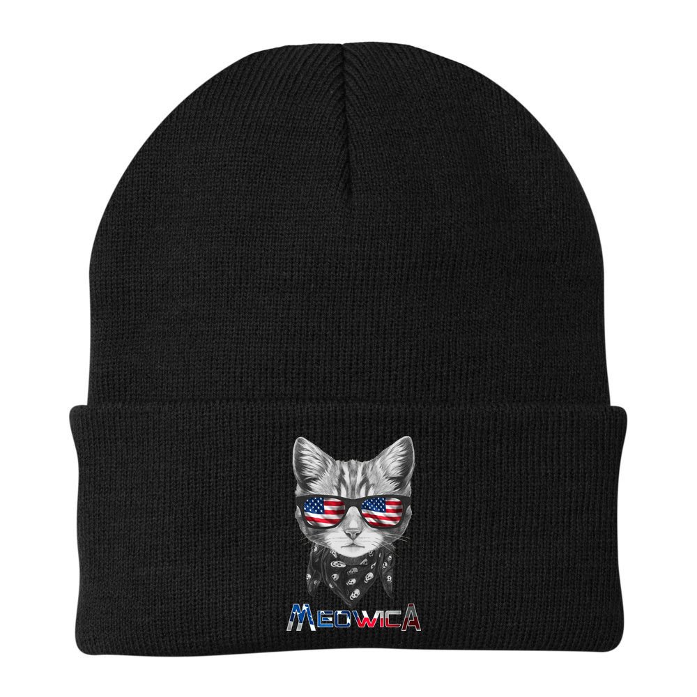 Meowica Rock Cat Funny 4th of July USA Freedom Beanie