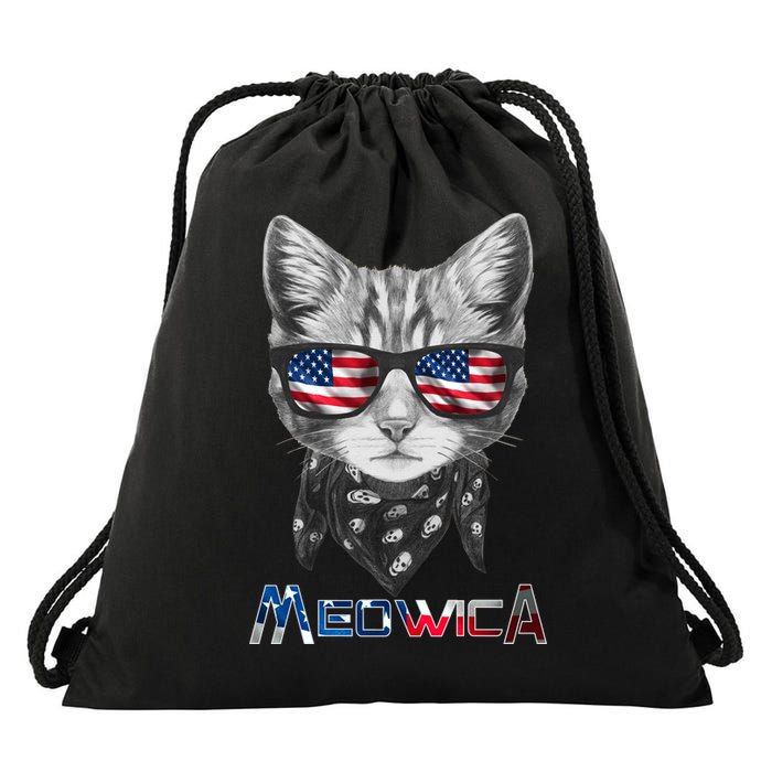 Meowica Rock Cat Funny 4th of July USA Freedom Drawstring Bag