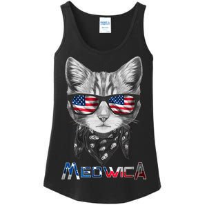 Meowica Rock Cat Funny 4th of July USA Freedom Ladies Essential Tank