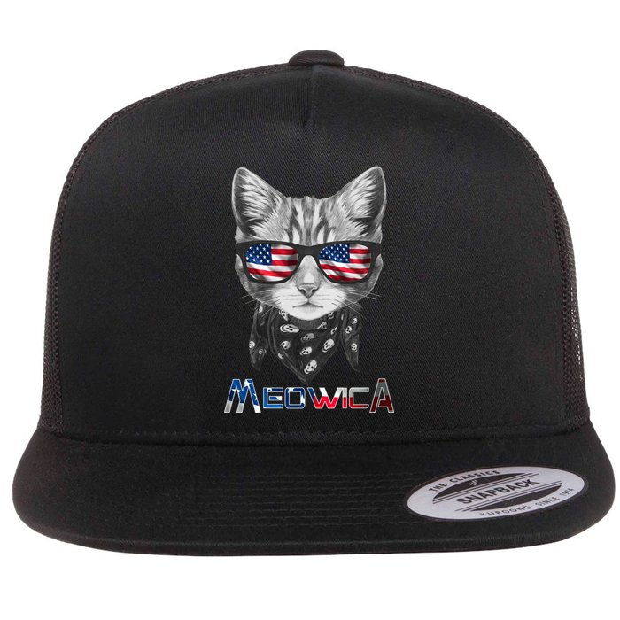 Meowica Rock Cat Funny 4th of July USA Freedom Flat Bill Trucker Hat