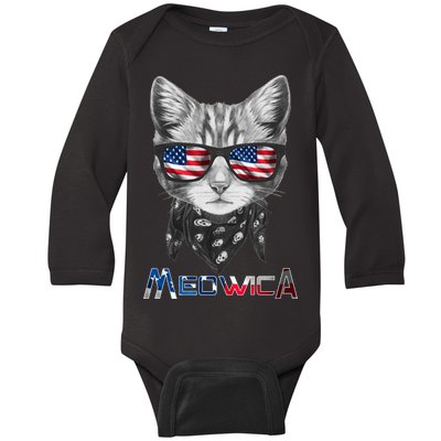 Meowica Rock Cat Funny 4th of July USA Freedom Baby Long Sleeve Bodysuit