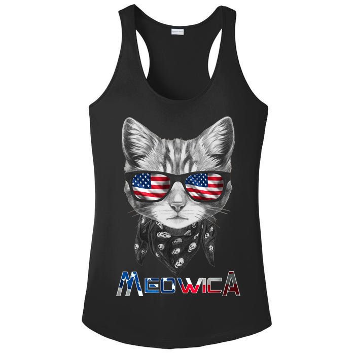 Meowica Rock Cat Funny 4th of July USA Freedom Ladies PosiCharge Competitor Racerback Tank