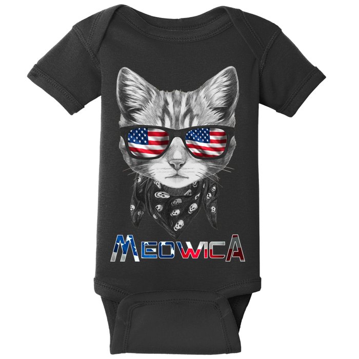 Meowica Rock Cat Funny 4th of July USA Freedom Baby Bodysuit