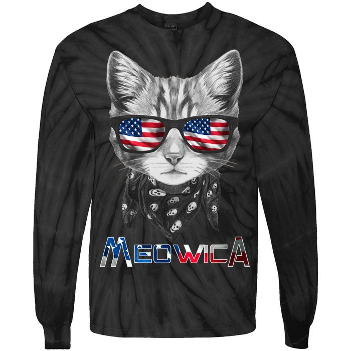 Meowica Rock Cat Funny 4th of July USA Freedom Tie-Dye Long Sleeve Shirt