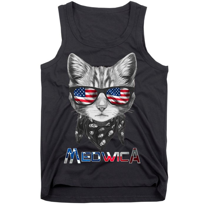 Meowica Rock Cat Funny 4th of July USA Freedom Tank Top