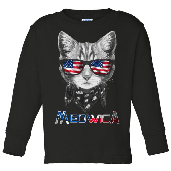 Meowica Rock Cat Funny 4th of July USA Freedom Toddler Long Sleeve Shirt