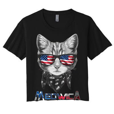 Meowica Rock Cat Funny 4th of July USA Freedom Women's Crop Top Tee