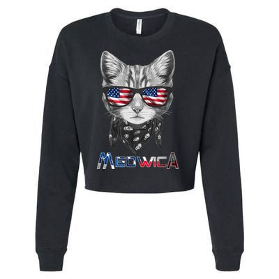 Meowica Rock Cat Funny 4th of July USA Freedom Cropped Pullover Crew