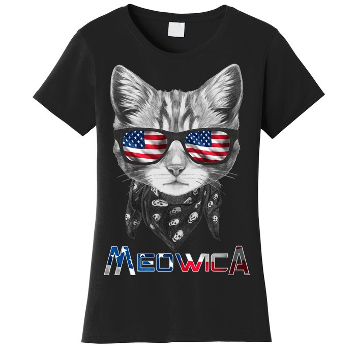 Meowica Rock Cat Funny 4th of July USA Freedom Women's T-Shirt