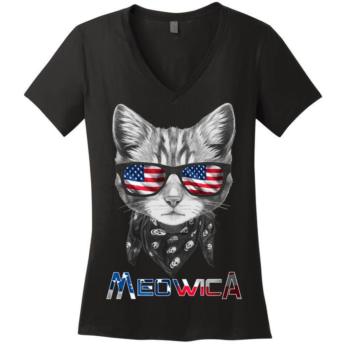 Meowica Rock Cat Funny 4th of July USA Freedom Women's V-Neck T-Shirt