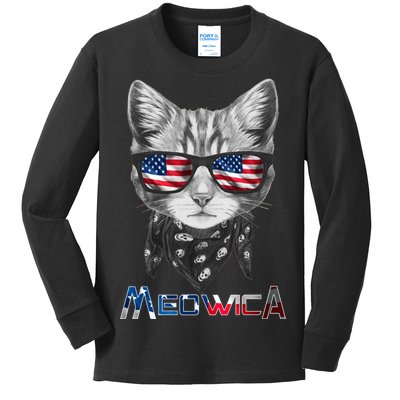 Meowica Rock Cat Funny 4th of July USA Freedom Kids Long Sleeve Shirt