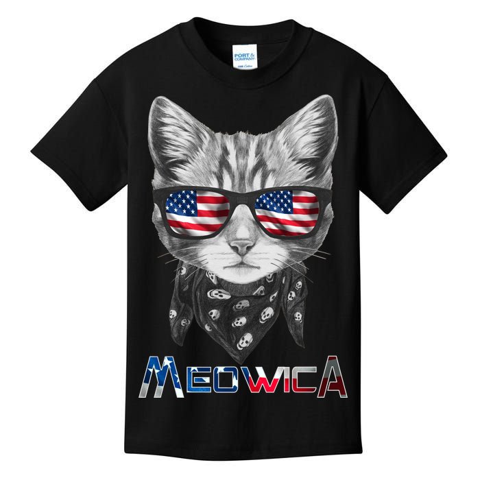 Meowica Rock Cat Funny 4th of July USA Freedom Kids T-Shirt