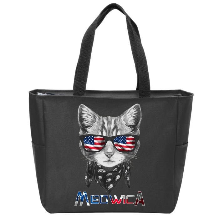 Meowica Rock Cat Funny 4th of July USA Freedom Zip Tote Bag