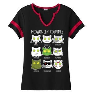 Meowoween Costumes Funny Cat Halloween Ladies Halftime Notch Neck Tee