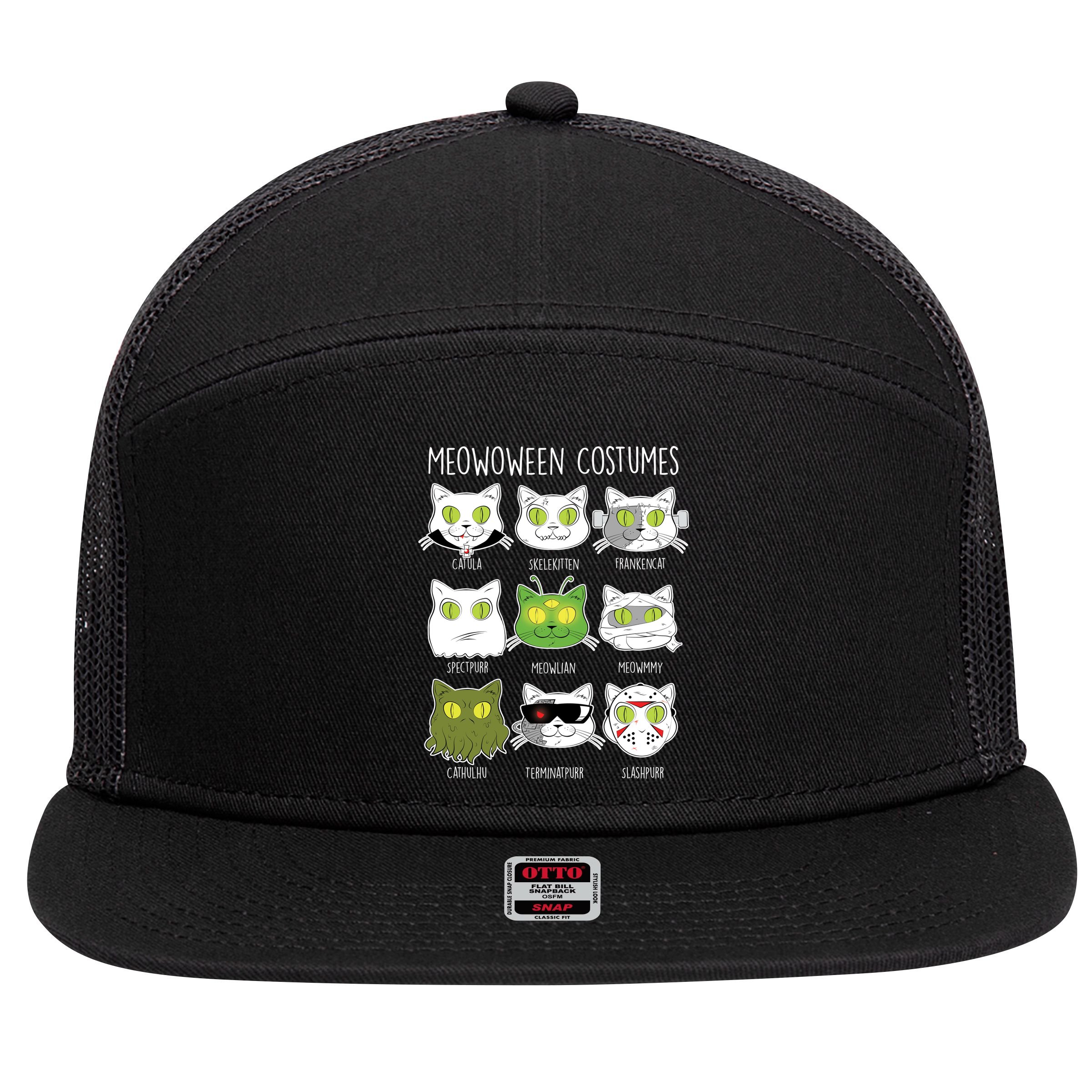 Meowoween Costumes Funny Cat Halloween 7 Panel Mesh Trucker Snapback Hat