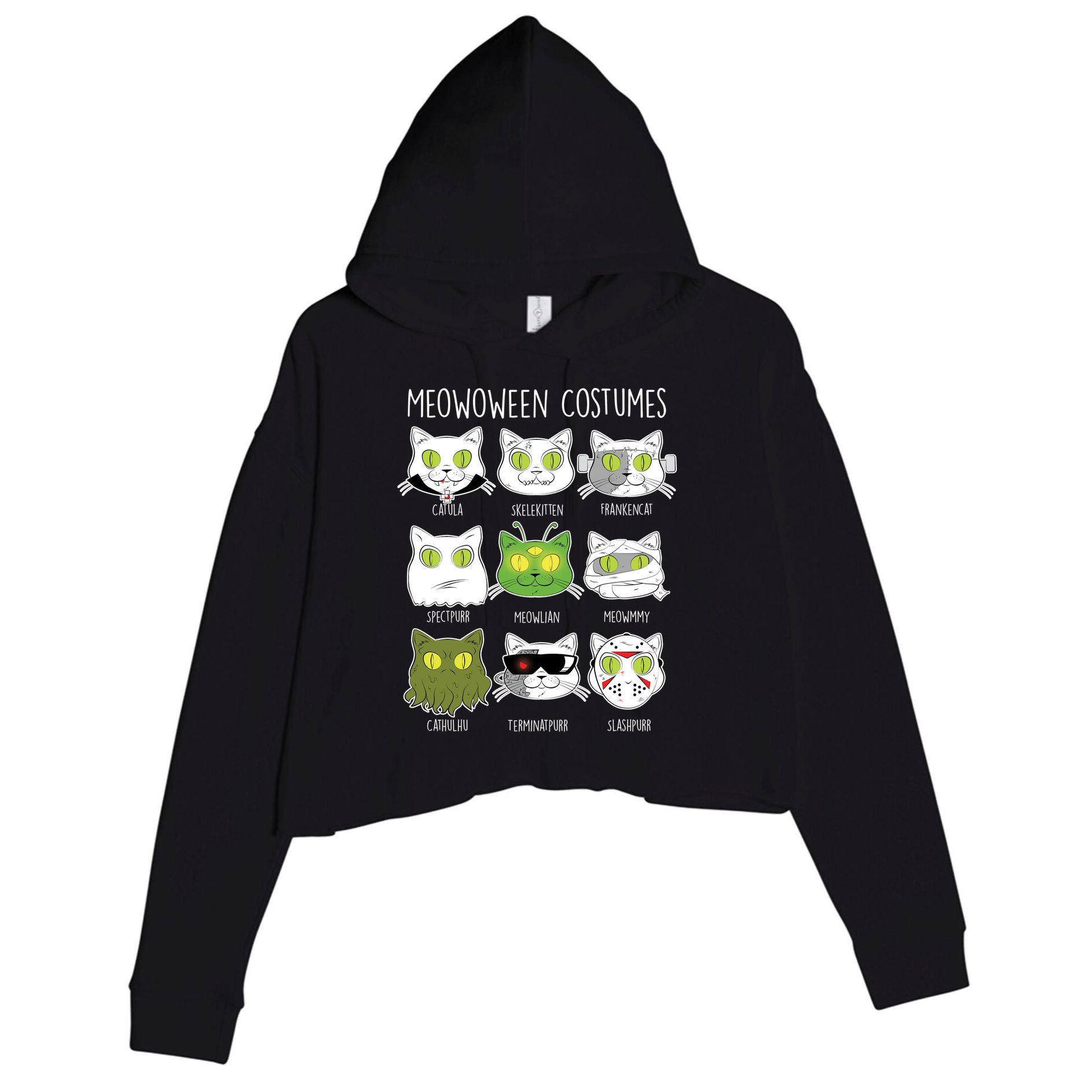 Meowoween Costumes Funny Cat Halloween Crop Fleece Hoodie