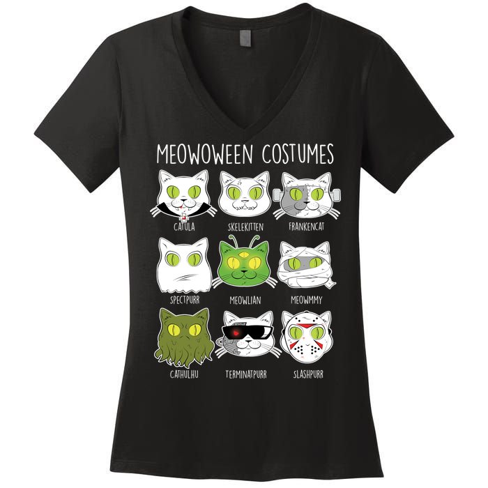 Meowoween Costumes Funny Cat Halloween Women's V-Neck T-Shirt