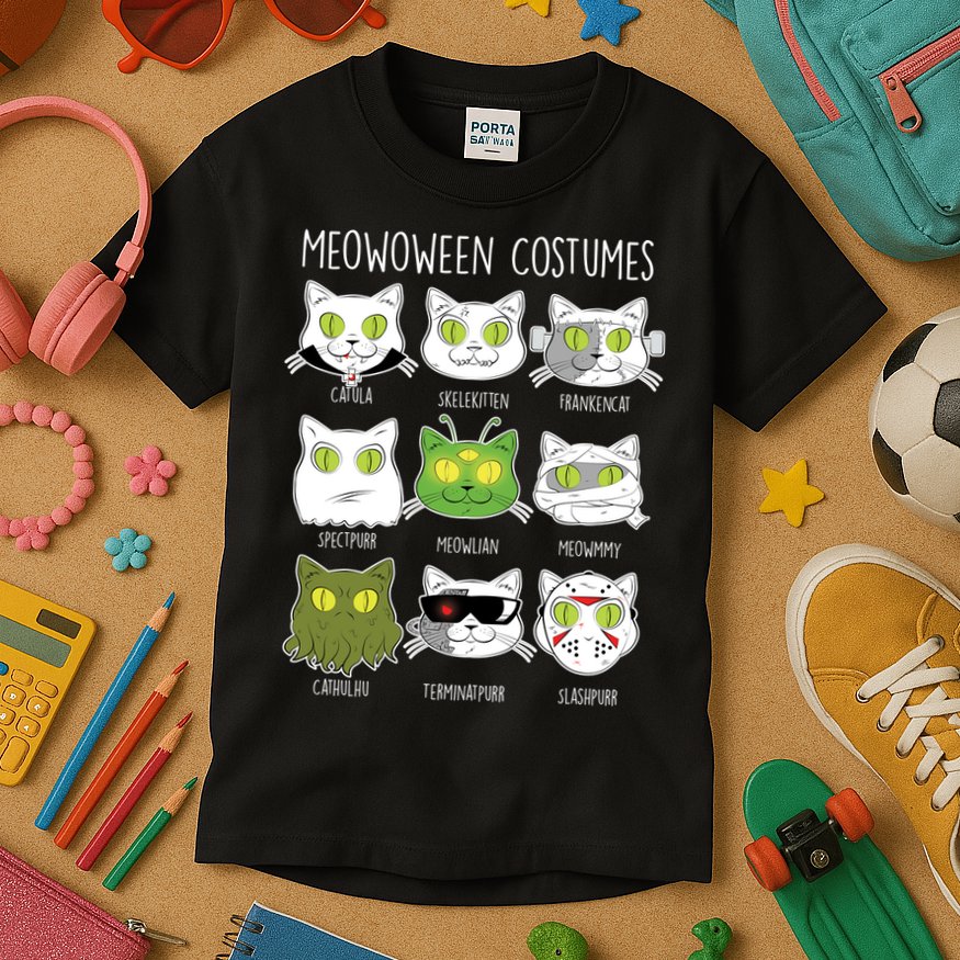 Meowoween Costumes Funny Cat Halloween Kids T-Shirt