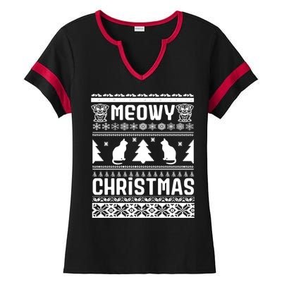 Meowy Cat Ugly Christmas Sweater Ladies Halftime Notch Neck Tee