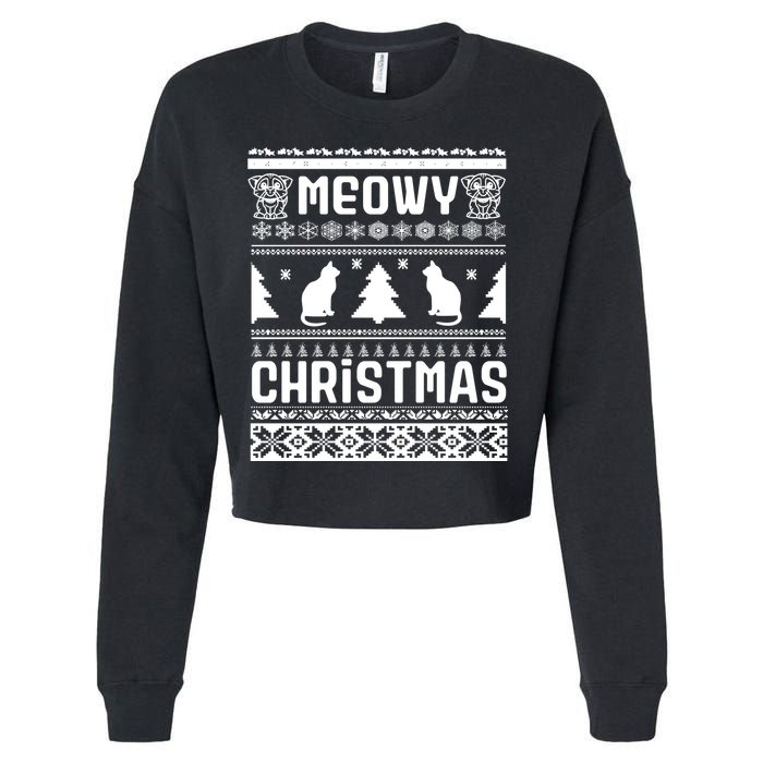 Meowy Cat Ugly Christmas Sweater Cropped Pullover Crew