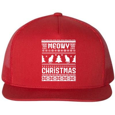 Meowy Cat Ugly Christmas Sweater Flat Bill Trucker Hat