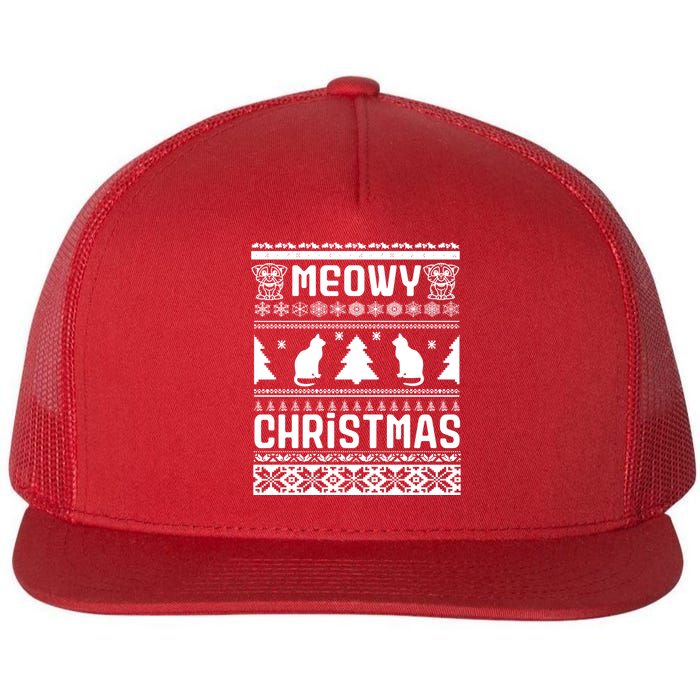 Meowy Cat Ugly Christmas Sweater Flat Bill Trucker Hat