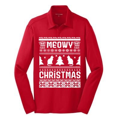 Meowy Cat Ugly Christmas Sweater Silk Touch Performance Long Sleeve Polo