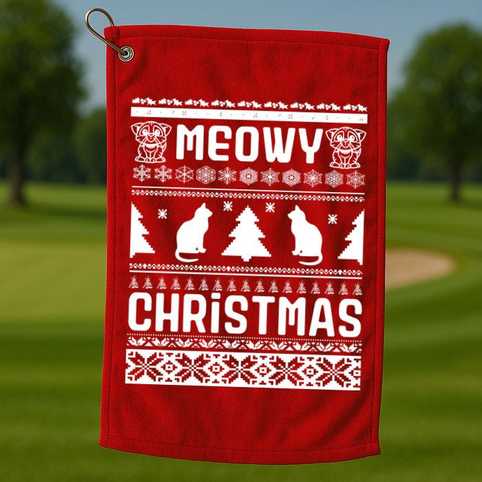 Meowy Cat Ugly Christmas Sweater Golf Towel