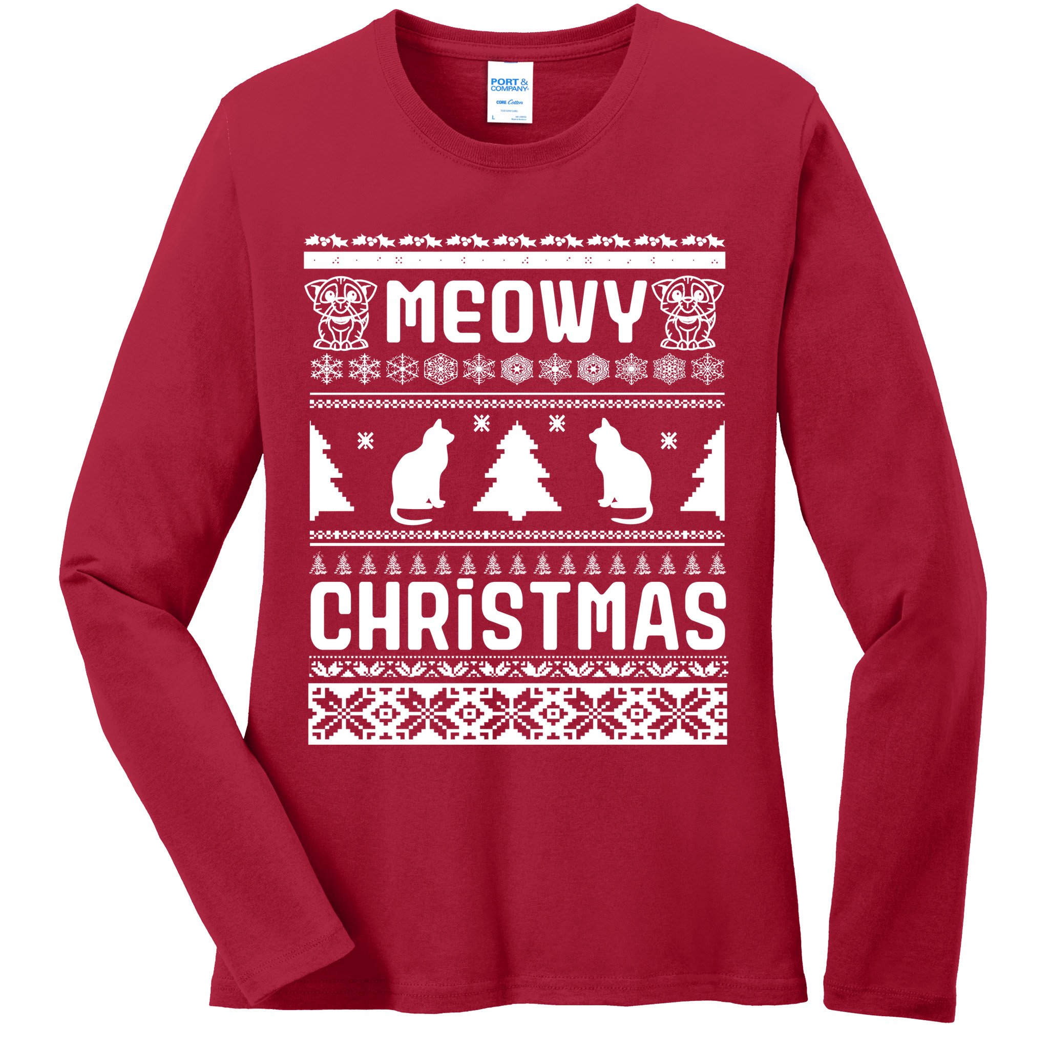 Meowy Cat Ugly Christmas Sweater Ladies Long Sleeve Shirt